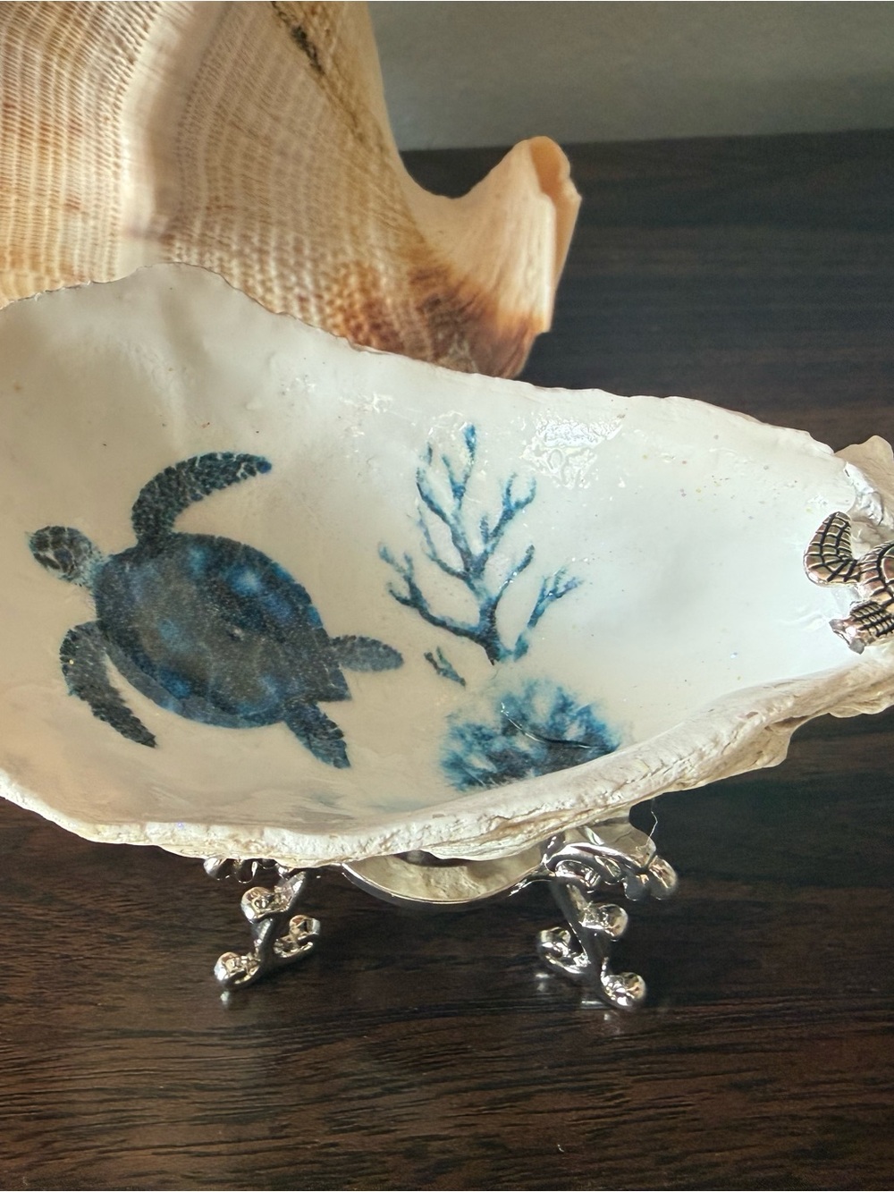 Decorative Sea Turtle Shell trinket dish in Blue and White - Coastal Home Art